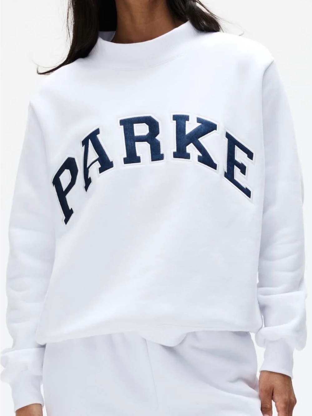 PARKE White Varsity Mockneck Sweatshirt with Navy Appliqué
